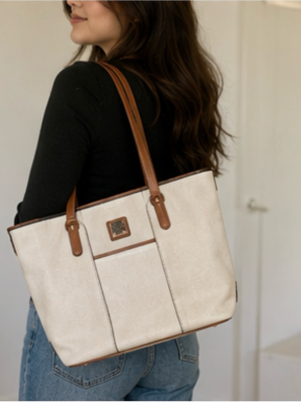 Authentic Dooney & Bourke Pebble Leather Cream Tote with Brown Trim